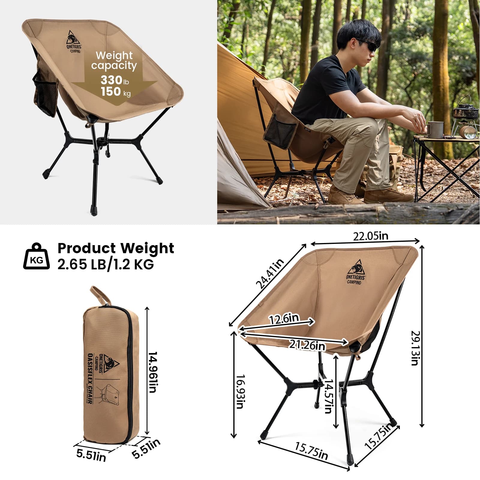 Chaise de camping OneTigris OasisFlex ultra-légère pliable - Siège pêche et randonnée confortable portable