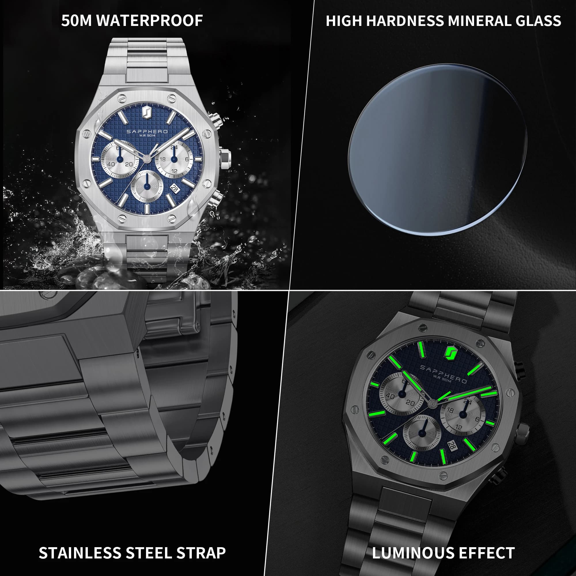 Montre homme SAPPHERO étanche chronographe aiguilles lumineuses acier inoxydable cadeau professionnel