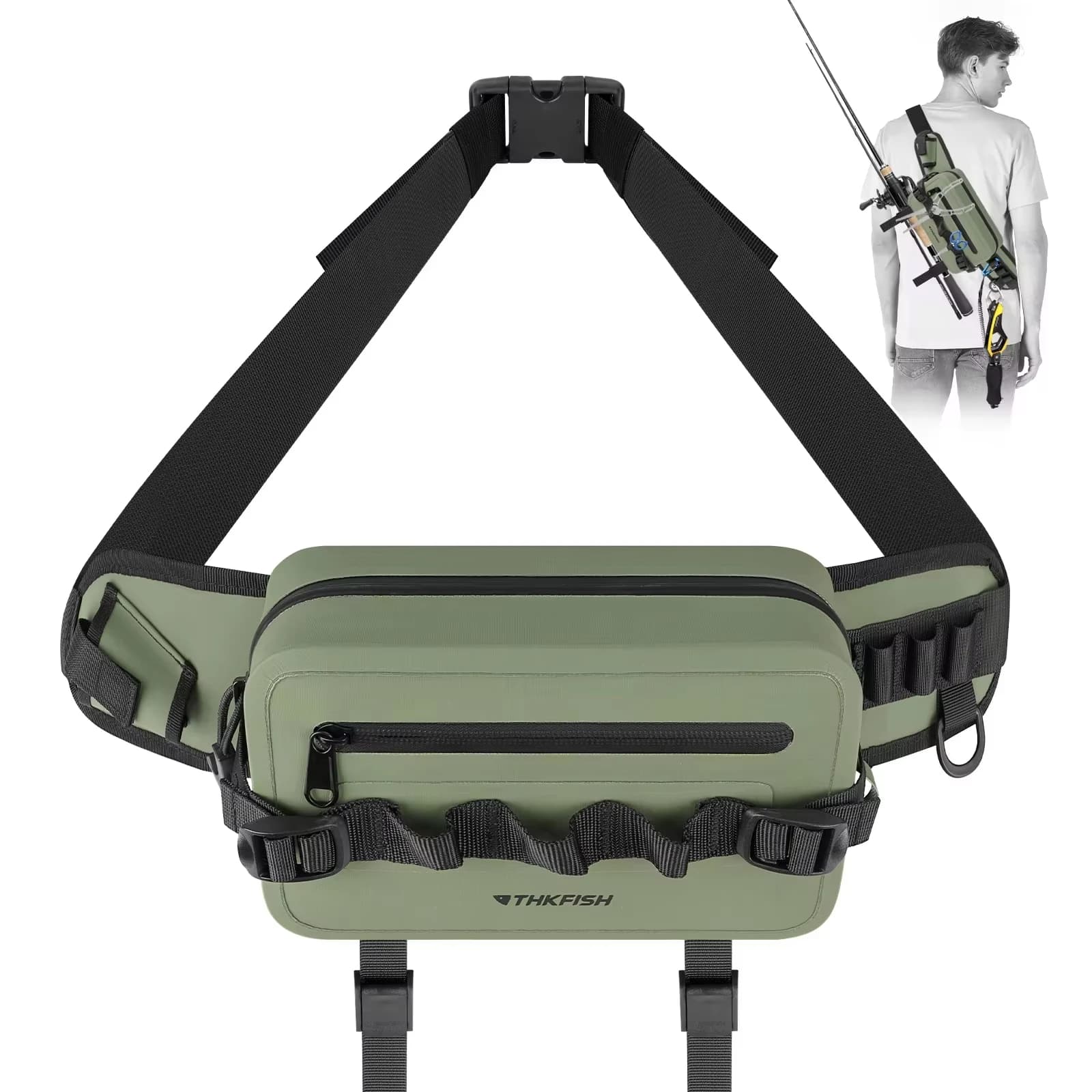Sac pêche multifonction vert étanche - Sac à dos et ceinture pour rangement leurres et accessoires