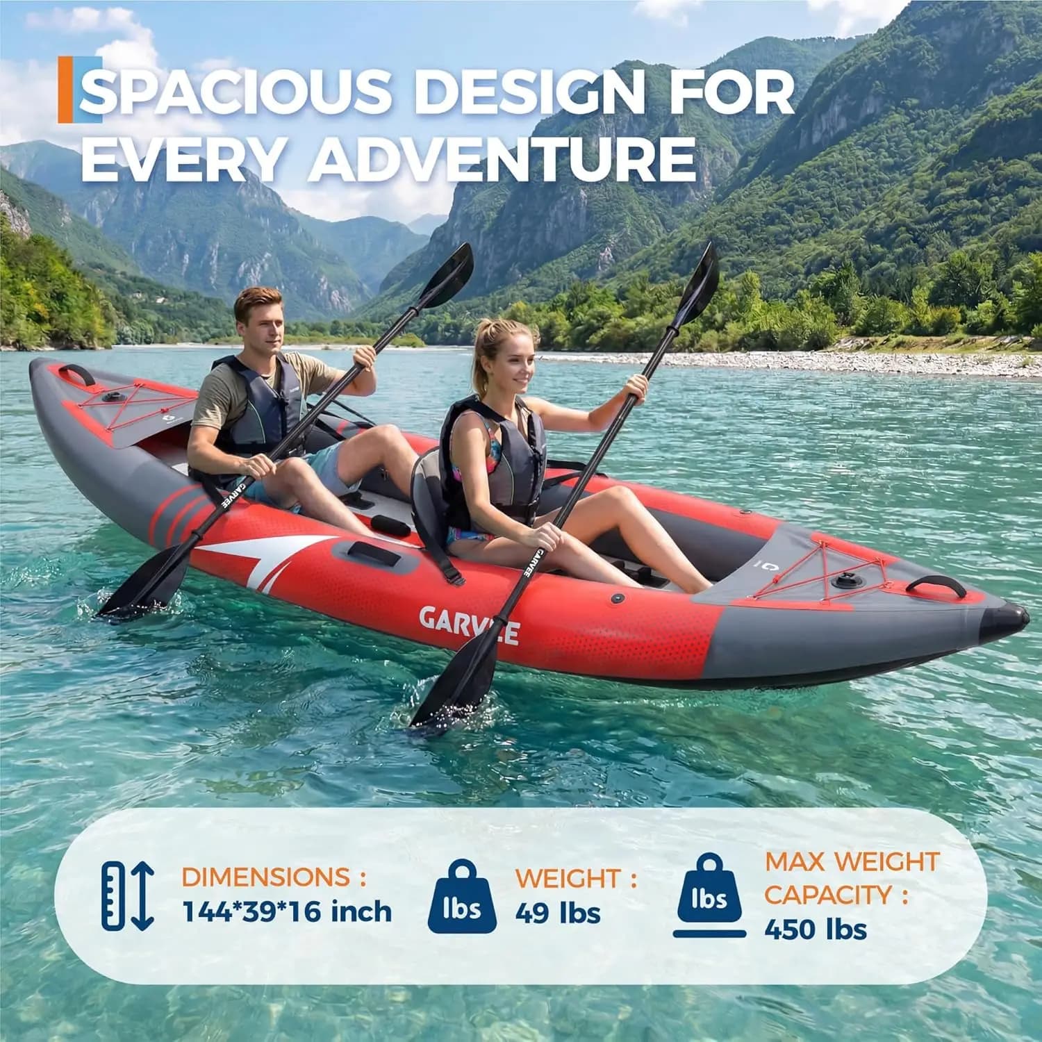 Kayak gonflable 12.5 pieds 2 places portable pour pêche et touring avec sièges confortables