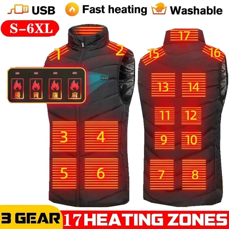 Veste chauffante homme 17 zones infrarouge pour sport randonnée hiver taille 5XL