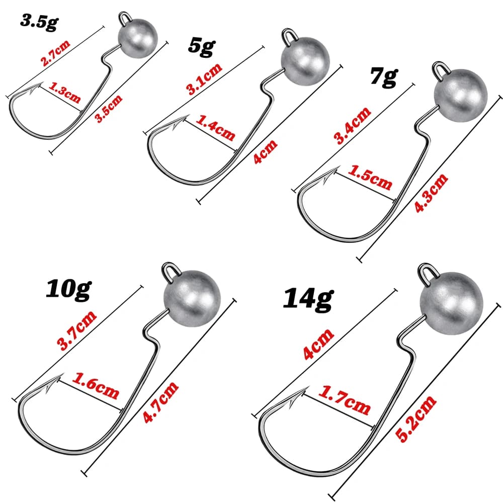 Hameçons plombés 3.5g à 14g pour pêche au leurre souple angle offset pointe barbelée