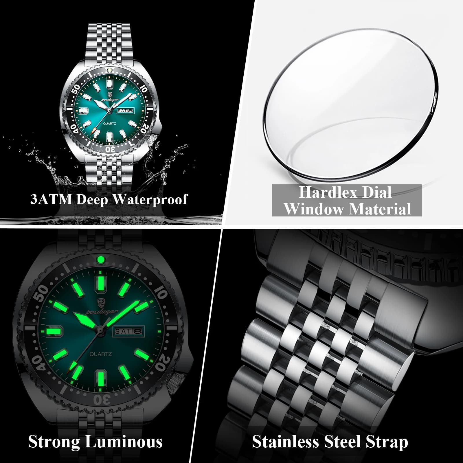 Montre Homme Luxe POEDAGAR Quartz Étanche Sport Élégante Date Semaine Luminieuse Acier