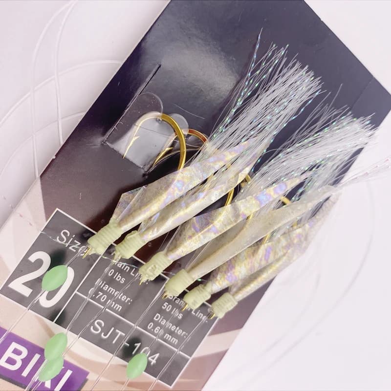 Flasher string hooks avec peau de poisson réel pour pêche en mer - leurre lumineux pour seiche, poulpe et congre