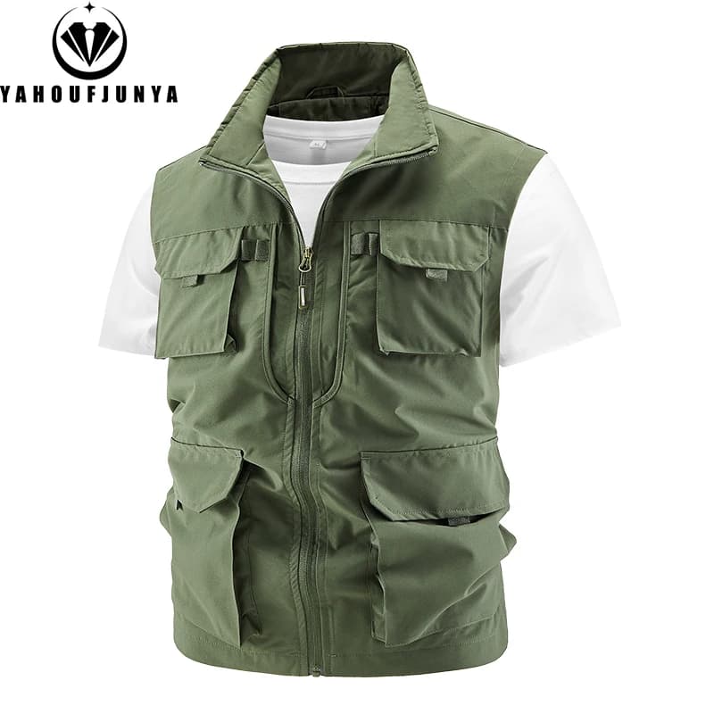 Gilet pêche homme été multiples poches - Col montant solide sans manches - Veste outdoor respirante