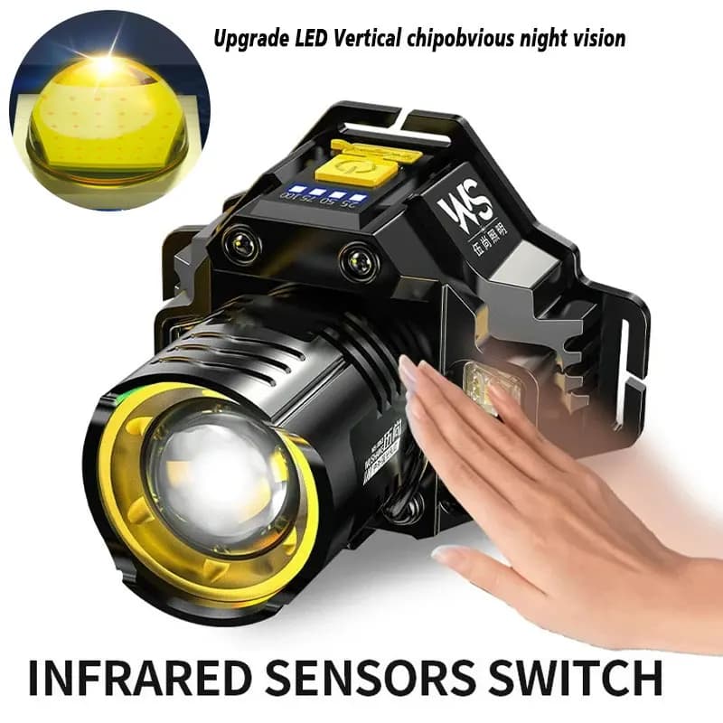 Lampe frontale pêche 300LM à induction - 5 modes éclairage - Zoom télescopique - Lumières latérales rouge et bleue