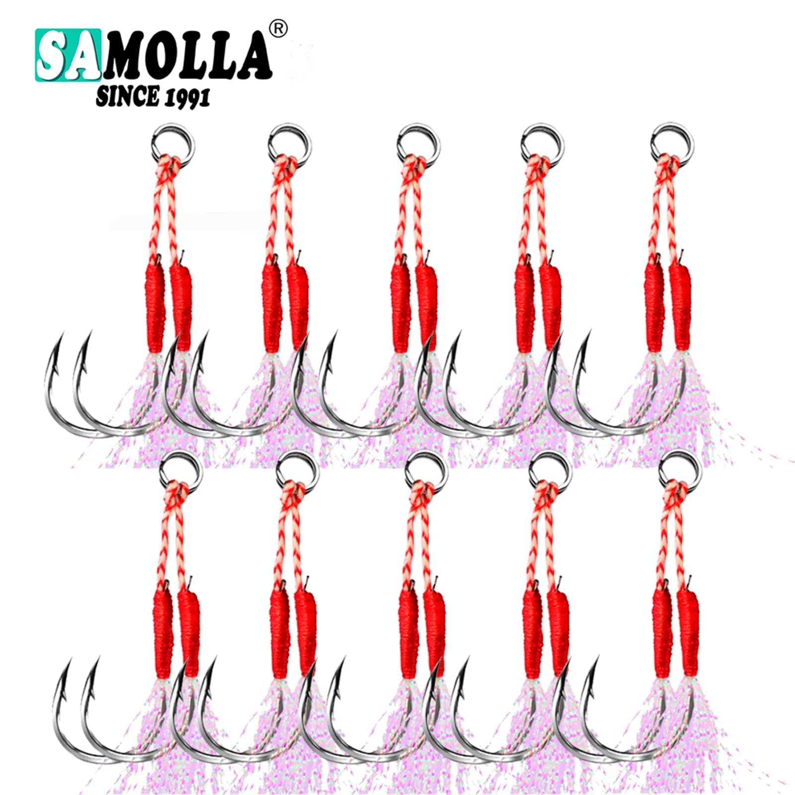 Lot de 10 hameçons doubles pour pêche leurre jigging lent, plumes et acier haute carbone pour