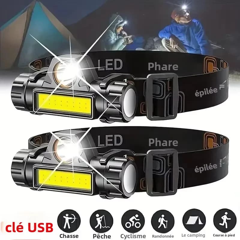 Lampe frontale COB LED USB rechargeable puissante et étanche pour la pêche de nuit en extérieur