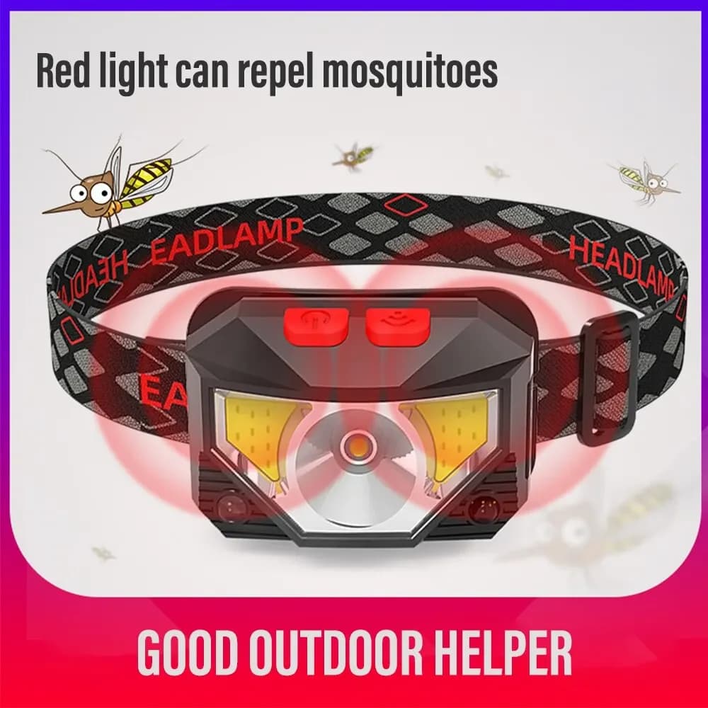 Lampe frontale rechargeable à capteur COB et LED 8 modes lumière blanche et rouge pour pêche