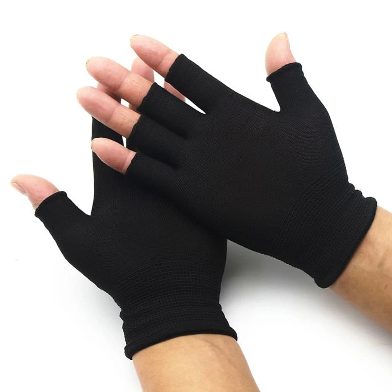 Paire de gants sans doigts noirs mi-longs homme femme laine tricot poignet coton hiver pêche