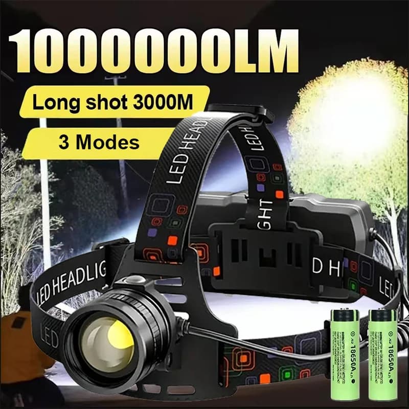 Frontale LED puissante rechargeable à zoom télescopique étanche haute luminosité pour pêche travail