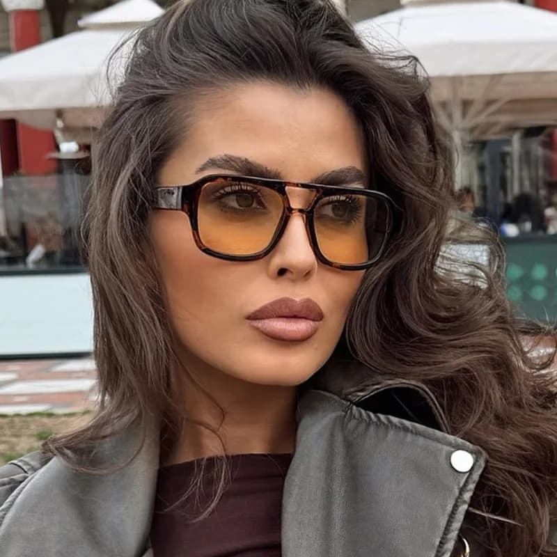 Lunettes de soleil carrées vintage pêche femme double pont large monture couleur bonbon jambes larges