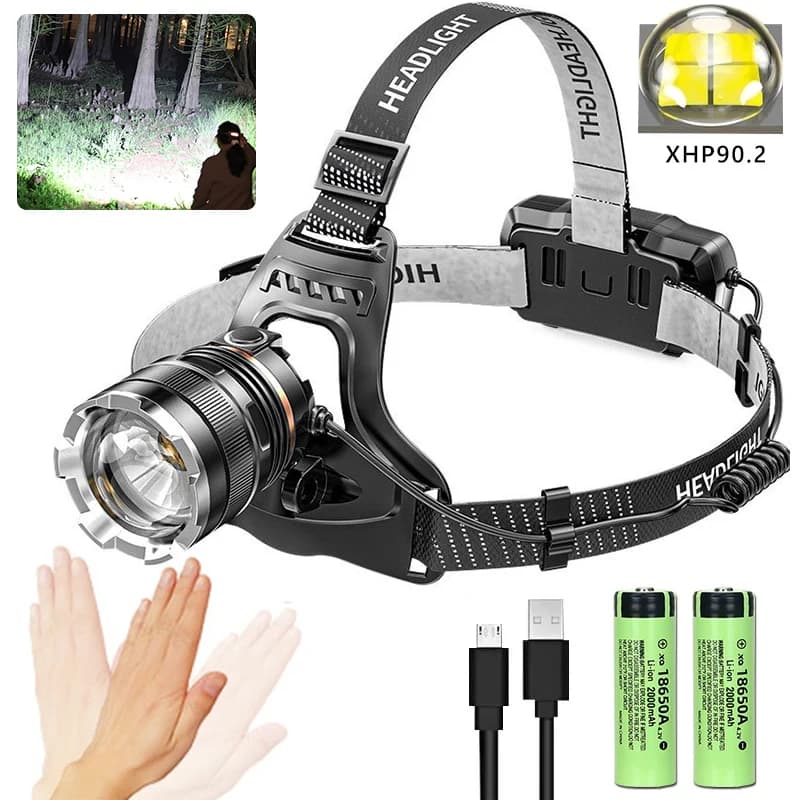 Lampe frontale XHP90.2 rechargeable 1000m pour pêche nocturne - Puissance extrême 2x18650