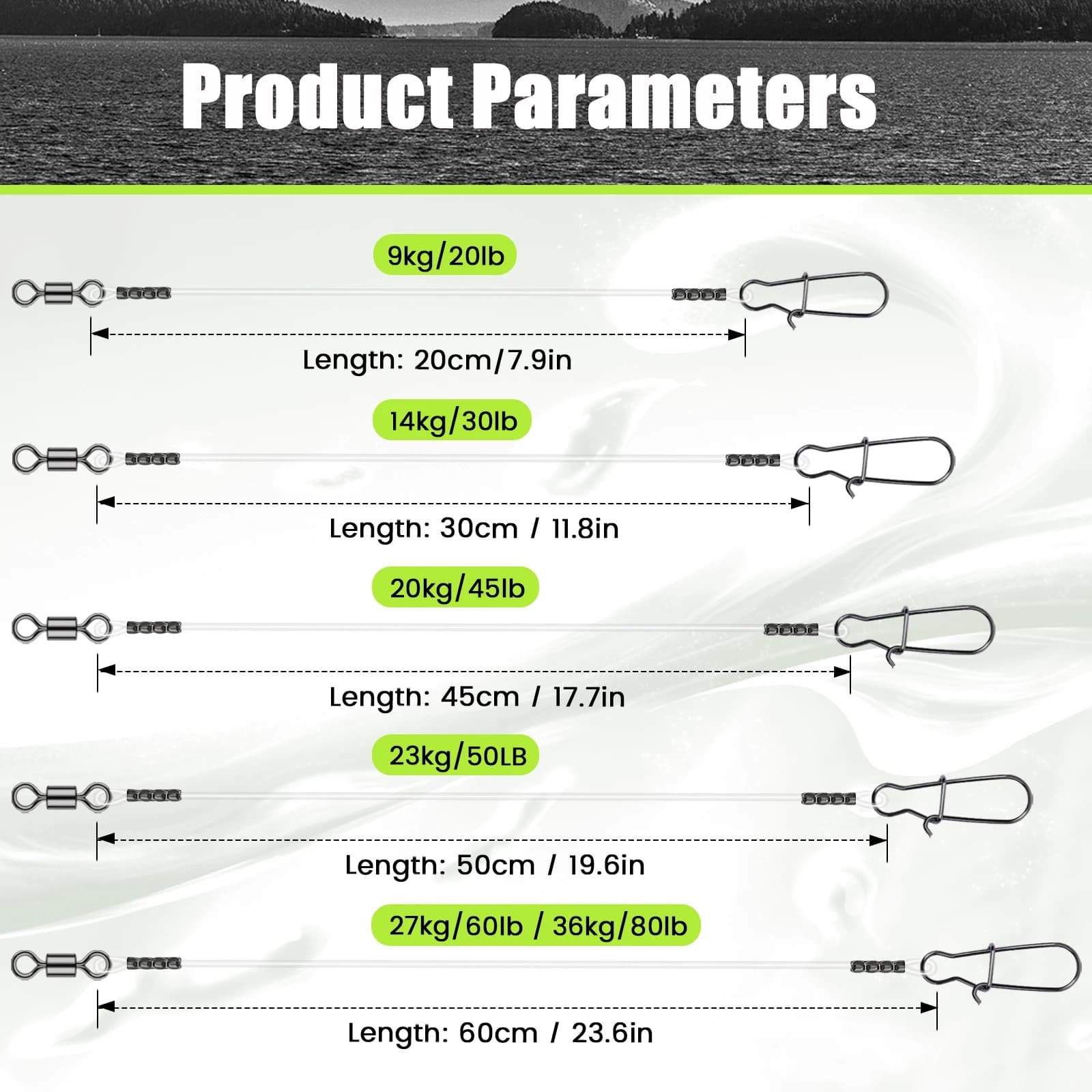Ligne de pêche fluorocarbone 100% invisible avec émerillon roulant et verrou rapide testée 9-36kg