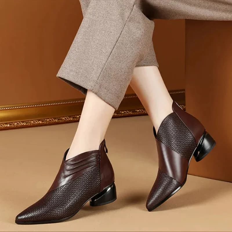 Bottes cheville cuir luxe femmes bout pointu 2024 talon bas bureau automne chaussures pêche