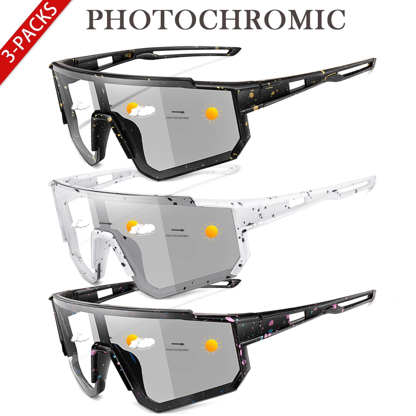 3 paires lunettes photochromiques mode pêche - Classique anti-vent pour sport extérieur baseball pêche