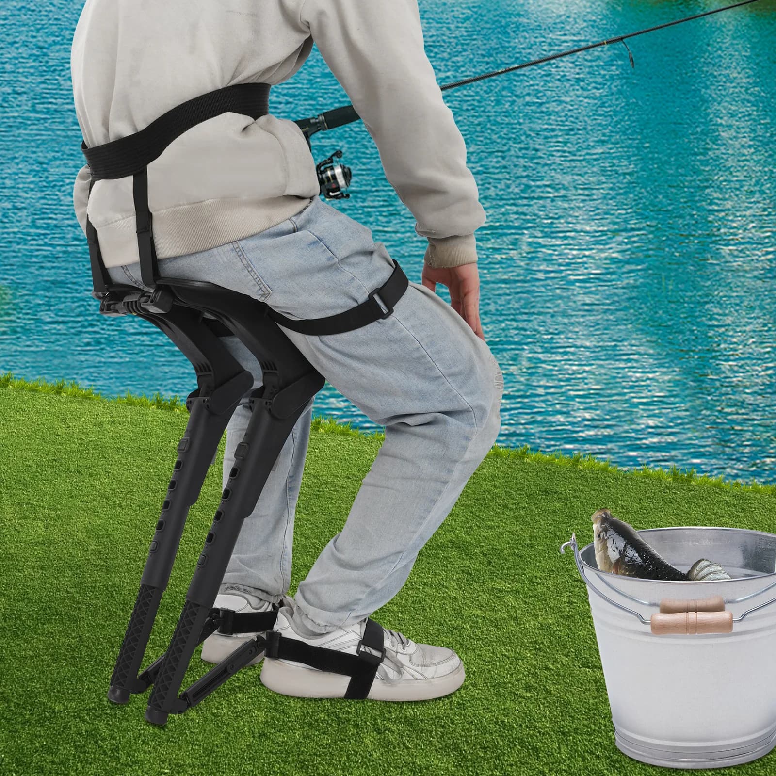 Siège exosquelette portable ergonomique pêche réglable invisible 1.40-2.10m siège portable