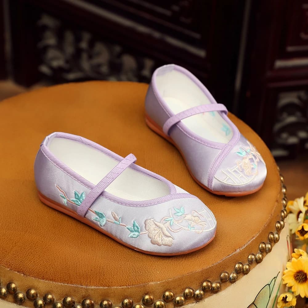 Chaussons de danse traditionnelle chinoise pour filles - Broderie ethnique et semelle cuir souple
