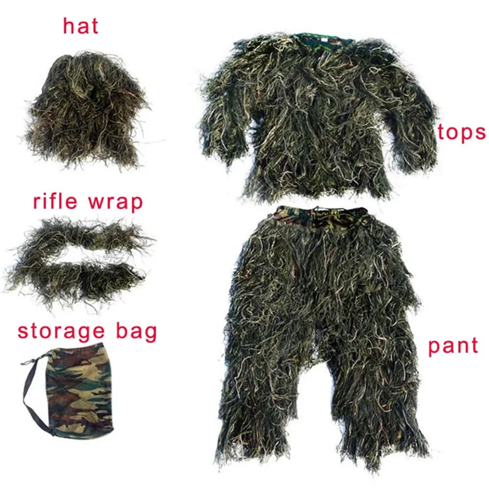 Ensemble ghillie adulte 5 pièces camouflage - Tenue complète pêche observation oiseaux chasse