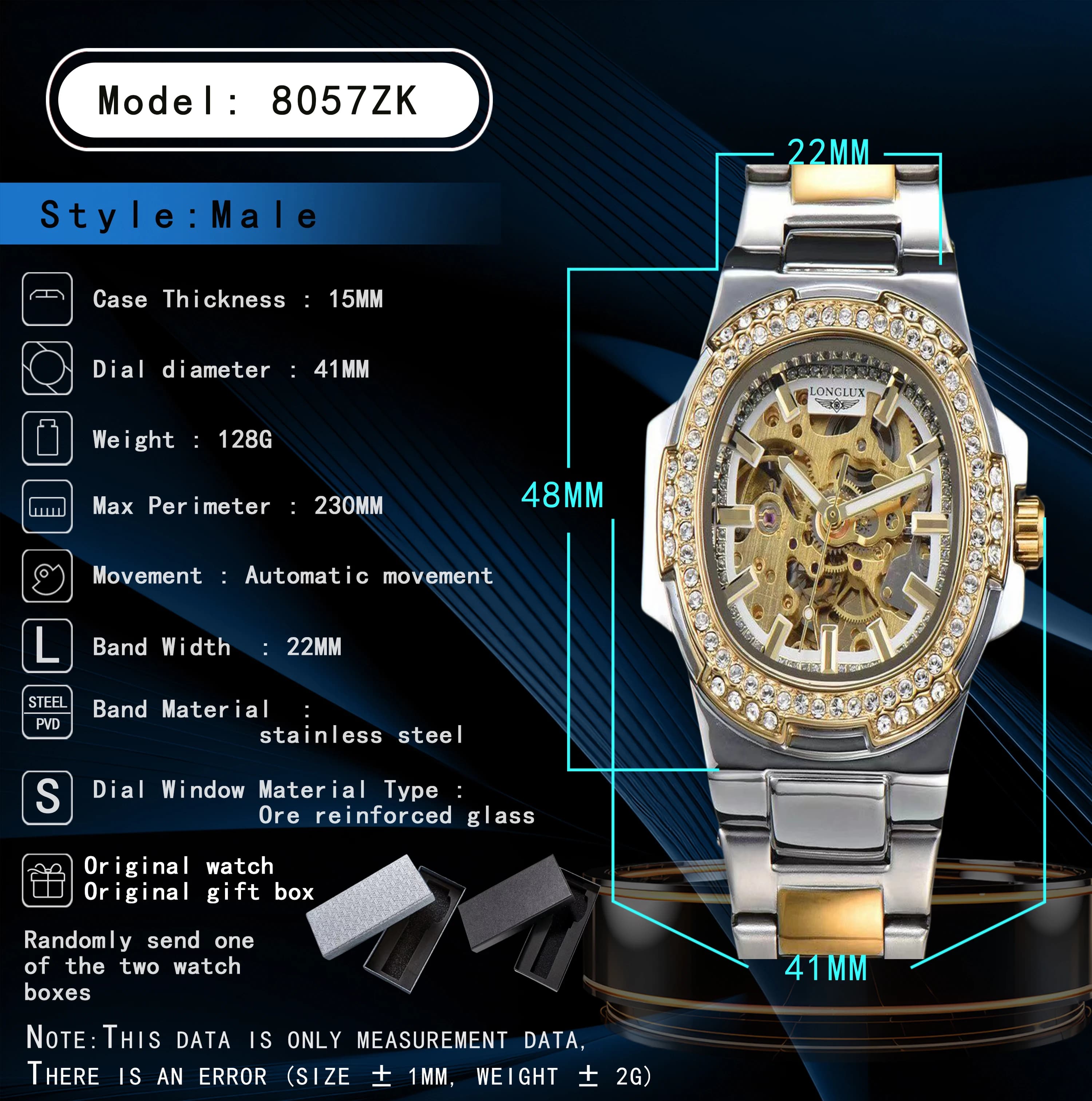 Montre homme automatique LONGLUX luxe acier inox squelettée étanche diamants mécanique bracelets montre homme