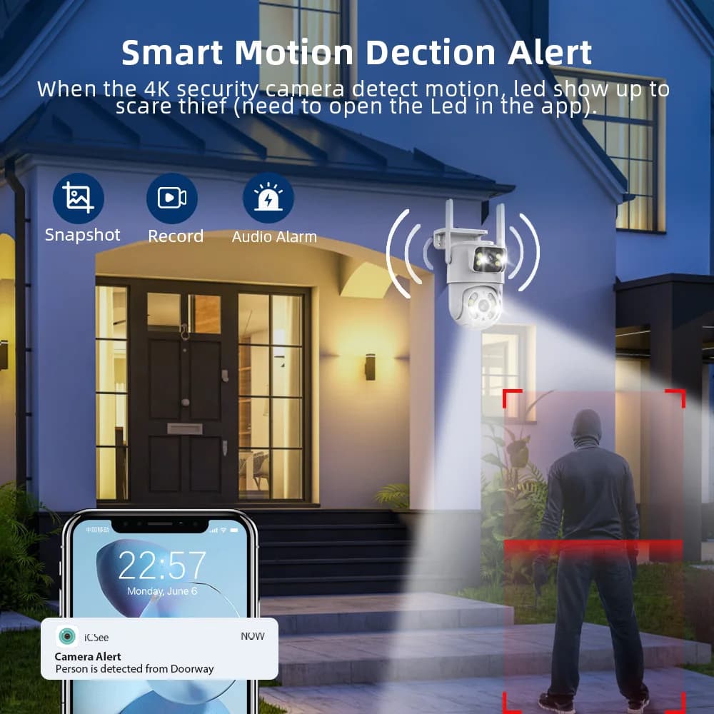 Caméra surveillance Hiseeu 4K 8MP WiFi extérieure double objectif zoom numérique détection IA ONVIF