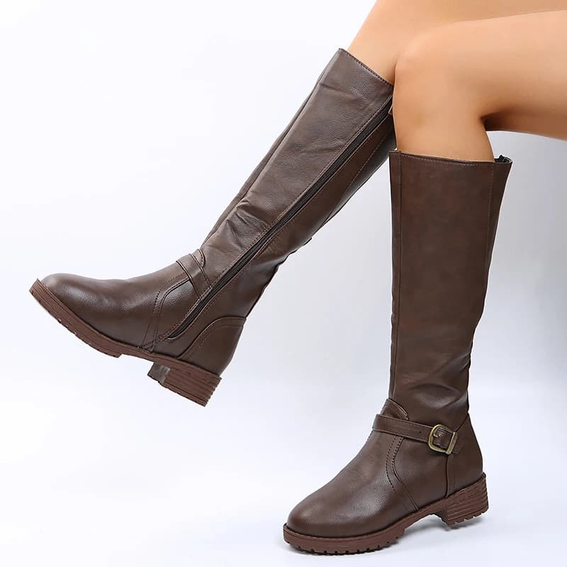 Bottes genou marron vintage femmes grande taille talon bas cuir PU automne hiver pêche