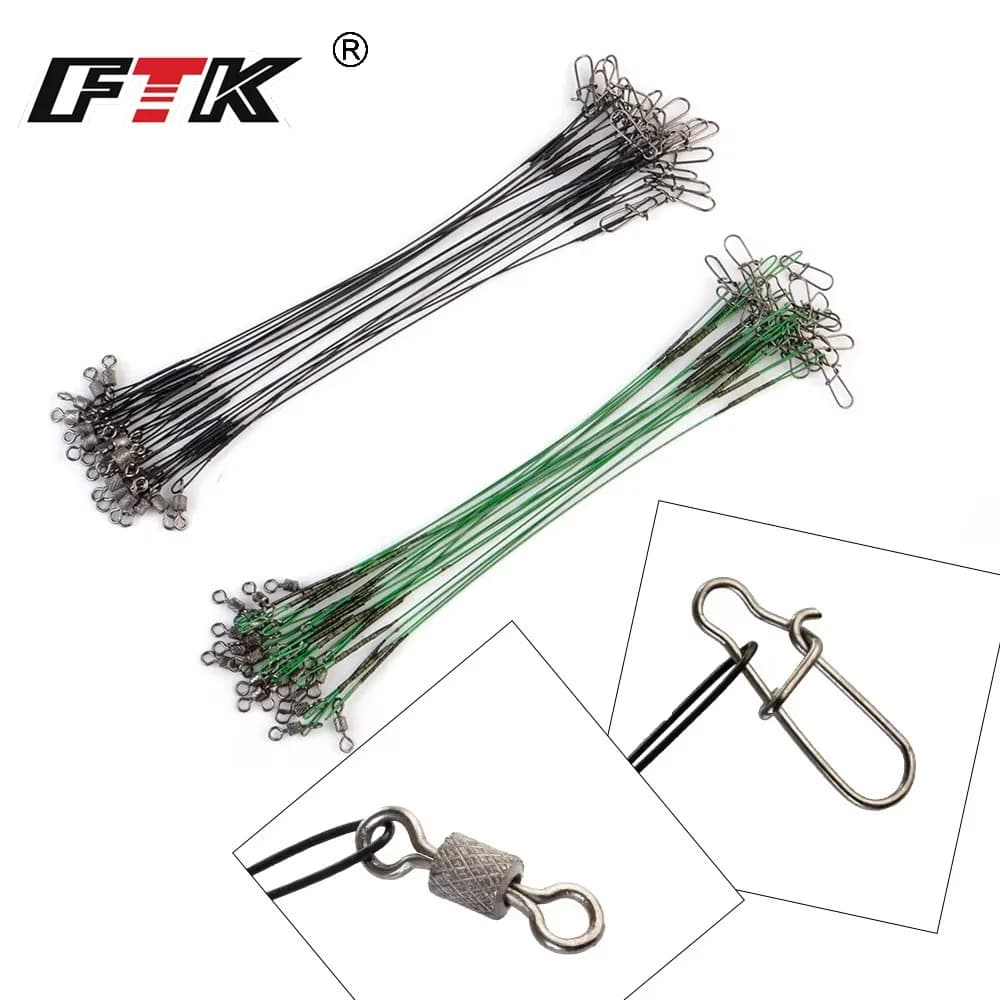 Leash anti-morsure acier 50LB pour pêche du brochet et du black-bass, avec émerillon 16 20 25 cm