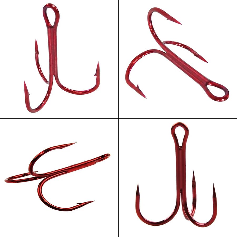 Hameçons triples rouges 50 pièces acier carbone - Kit pour leurres silure et bass tailles #2 à #10