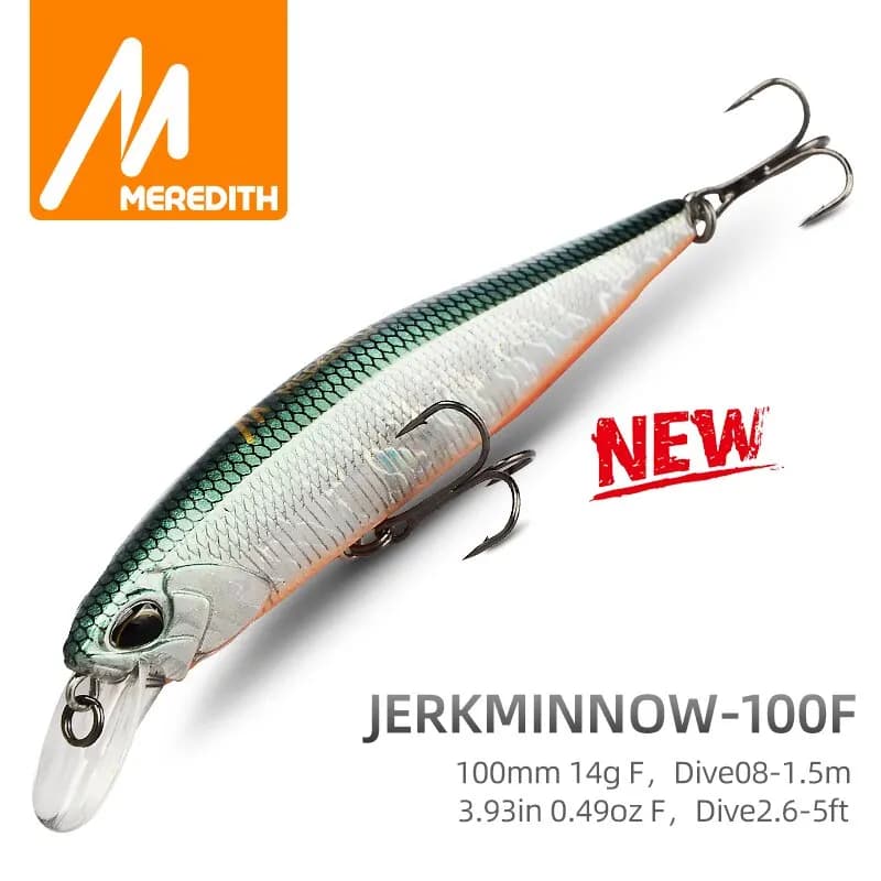 Leurre de pêche flottant MEREDITH JERKBAIT 100F 14g, leurre dur minnow pour carnassiers, profondeur 0.8 à 1.0 mètre