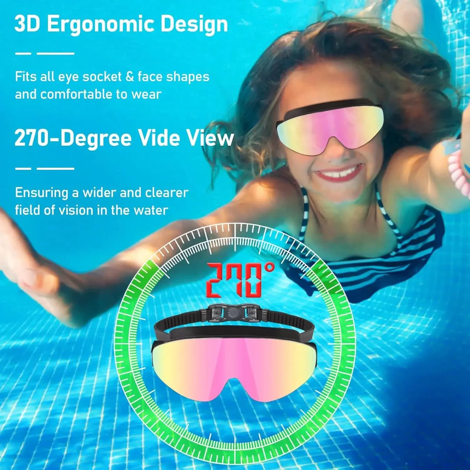 Lunettes de natation enfant 4-16 ans polarisées anti-buée spray large vision étanches