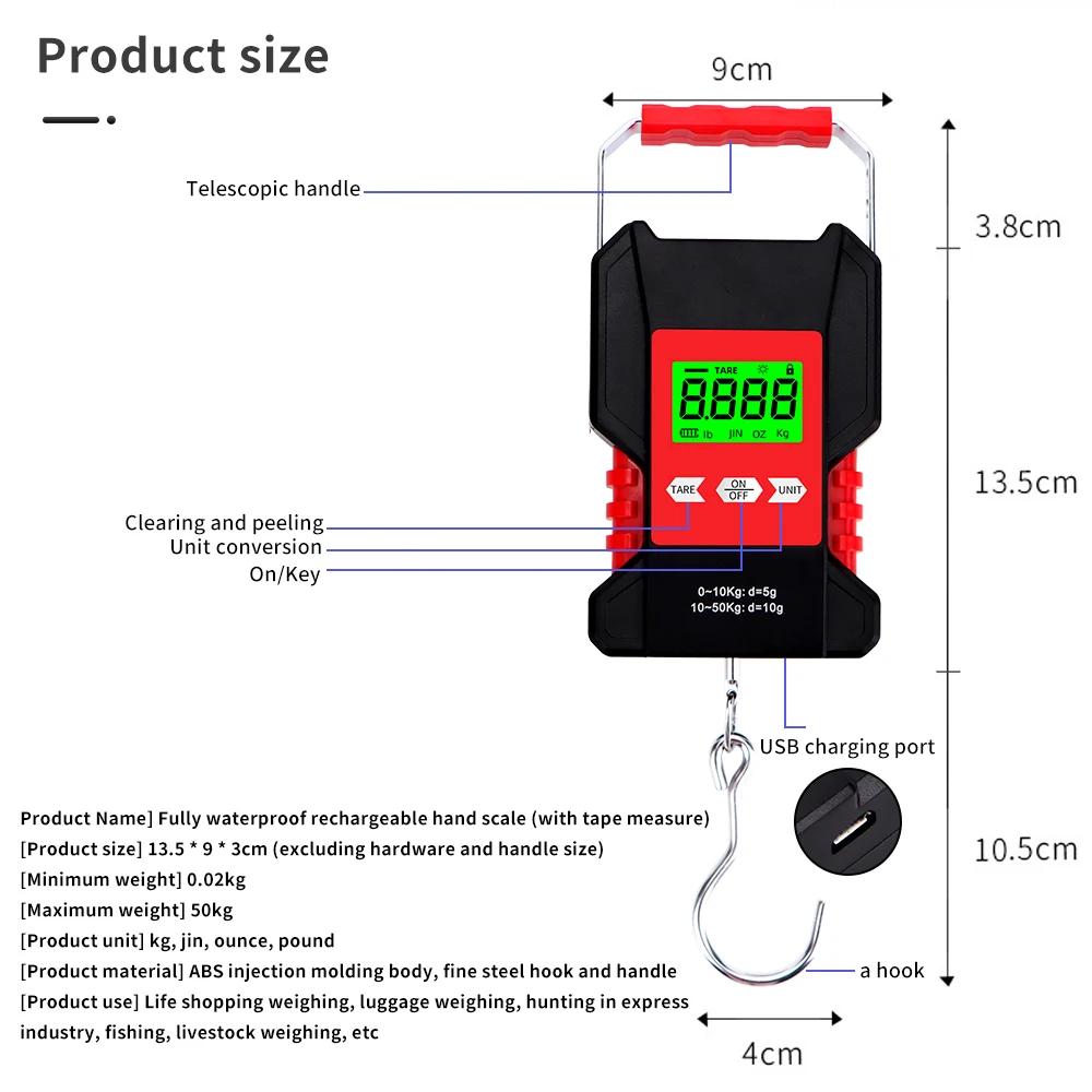 Balance pêche accroche 50kg/5g portable étanche avec rétractable 150cm et rétroéclairage