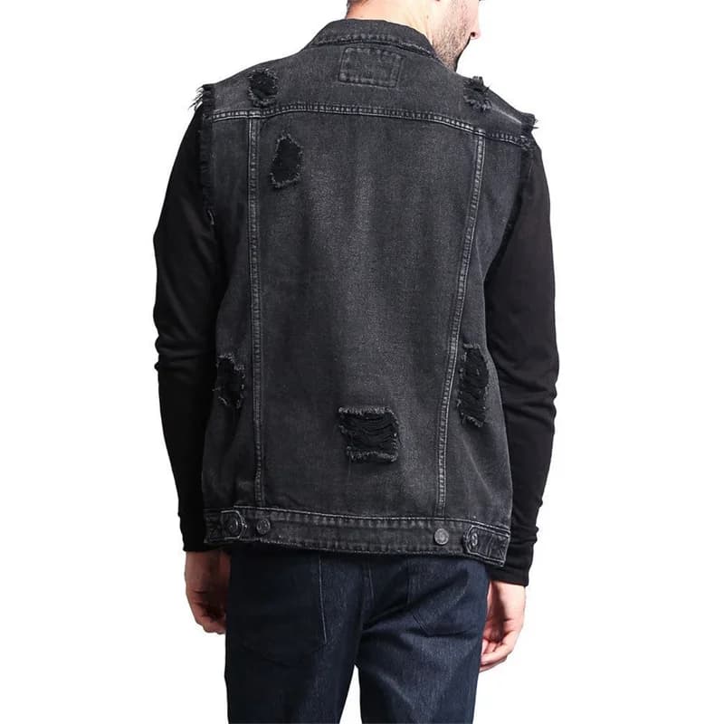 Veste sans manches en denim brut à bords effilochés pour homme style cowboy casual