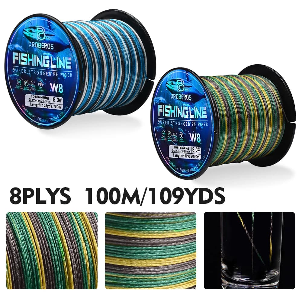 Ligne de pêche tressée Proberos 8 brins PE multifilament, anti-abrasion Blue Camo 20-106LB pour 109 yards