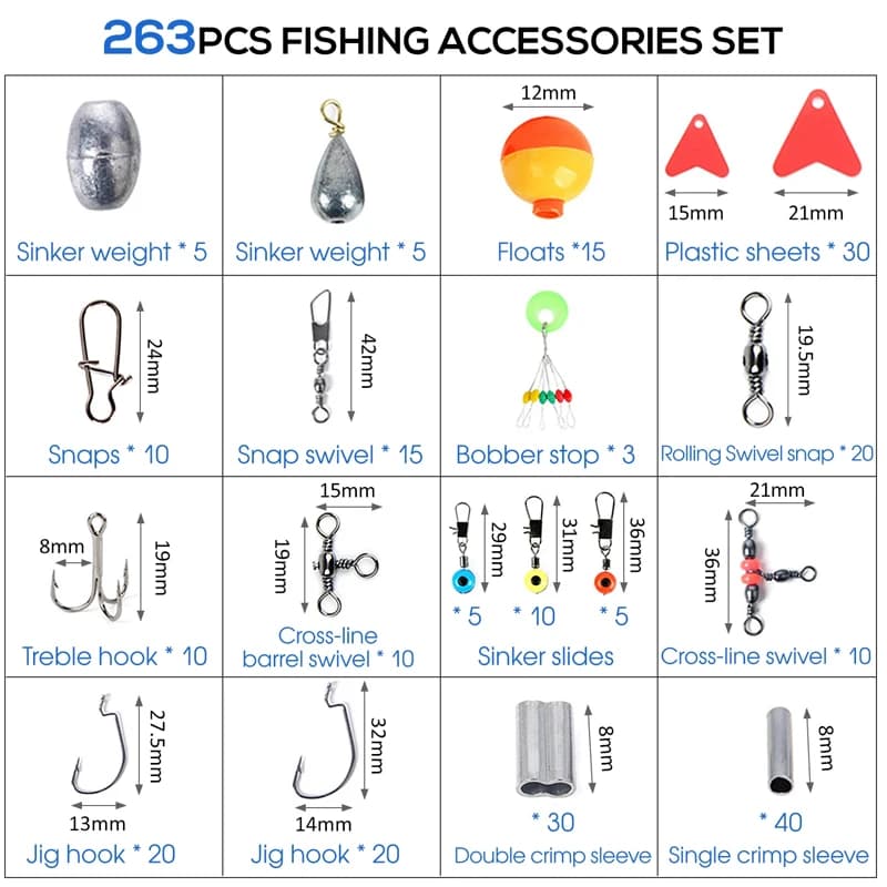 Kit pêche 263 pièces avec boîte à accessoires : pinces, leurres, hameçons et plombs complets
