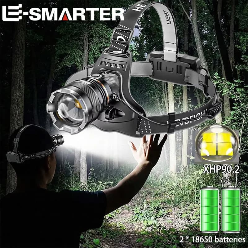 Lampe frontale LED rechargeable pêche puissante détecteur optionnel compatible piles 18650