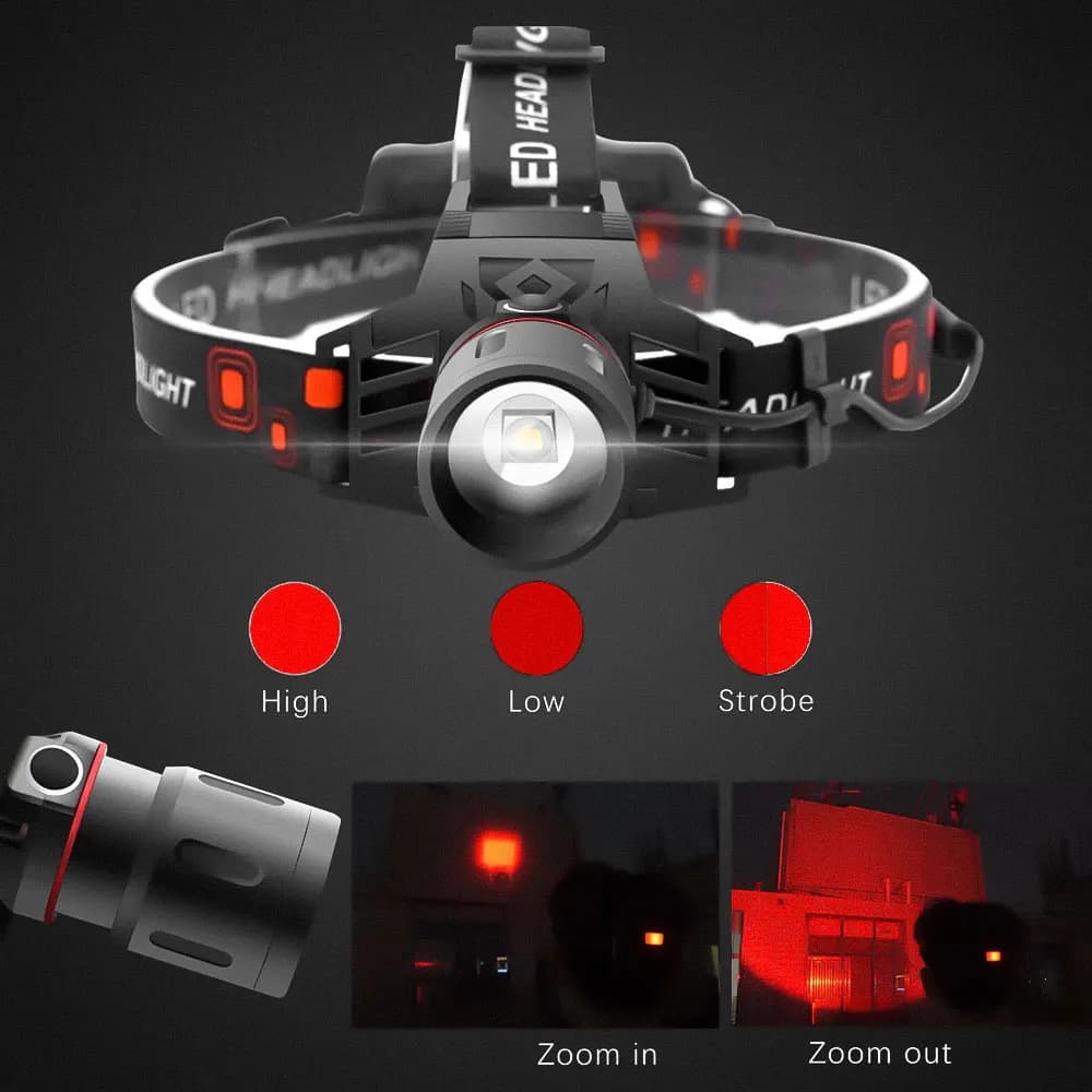 Lampe frontale LED rouge zoomable 3 modes 18650 pour pêche discrète et observation
