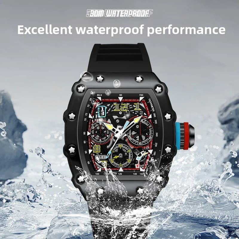 Montre homme mécanique squelette Richard avec calendrier lumineux étanche et style luxe tendance