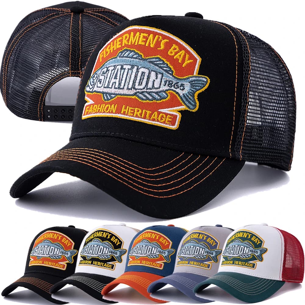 Casquette pêcheur unisexe mesh brodée gros poisson - Chapeau camionneur respirant - Snapback pêche