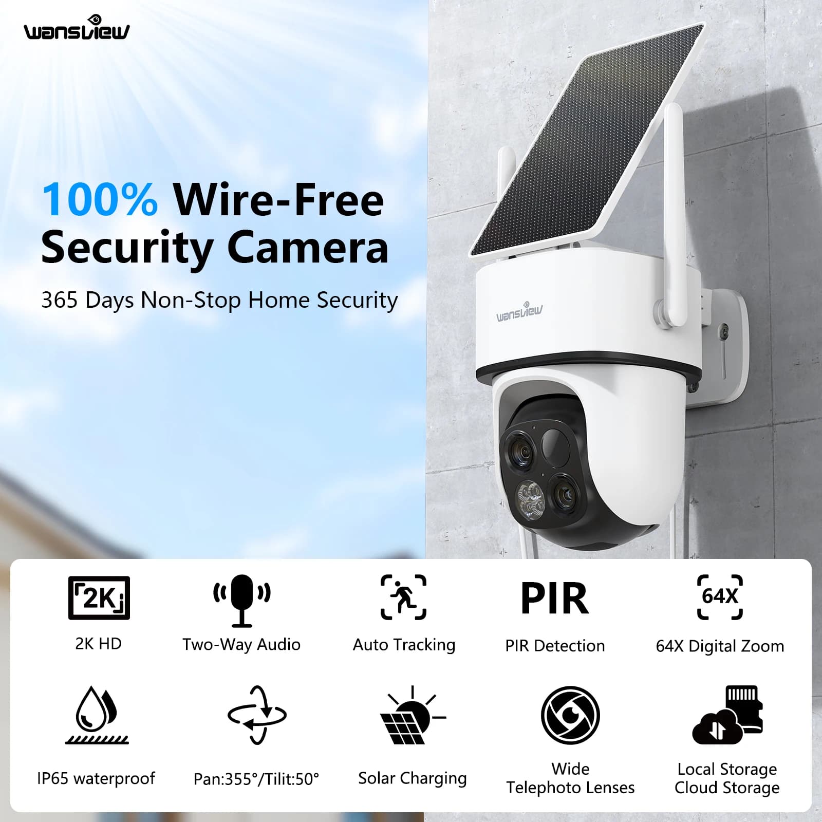 Caméra solaire 2K 3MP WiFi détection PIR - Surveillance sécurité maison pêche énergie autonome