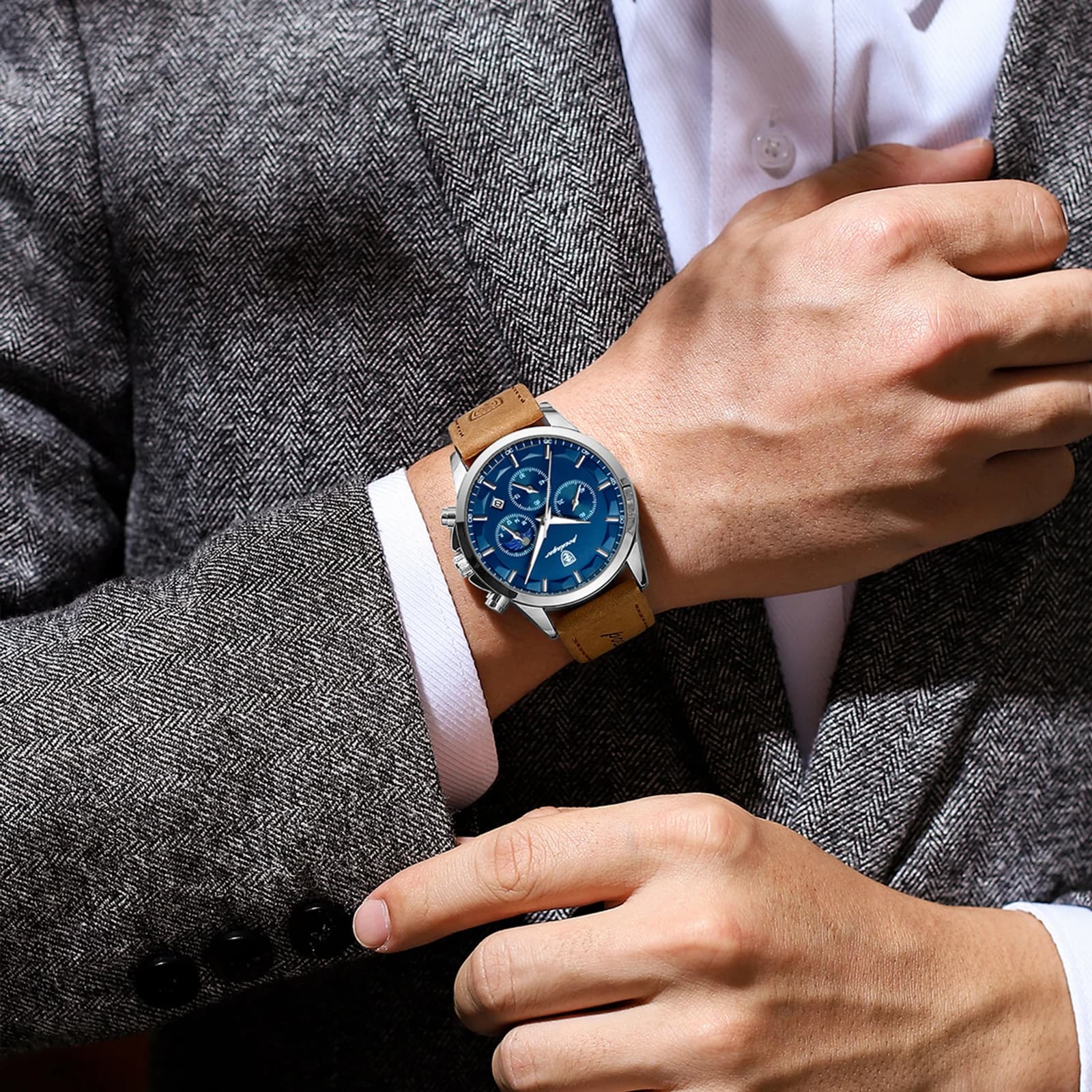 Montre homme luxe étanche chronographe militaire sport pêche avec cadran lumineux et bracelet cuir