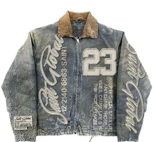 Veste denim oversized streetwear Y2K patch broderie graphique bleue unisexe hip hop casual