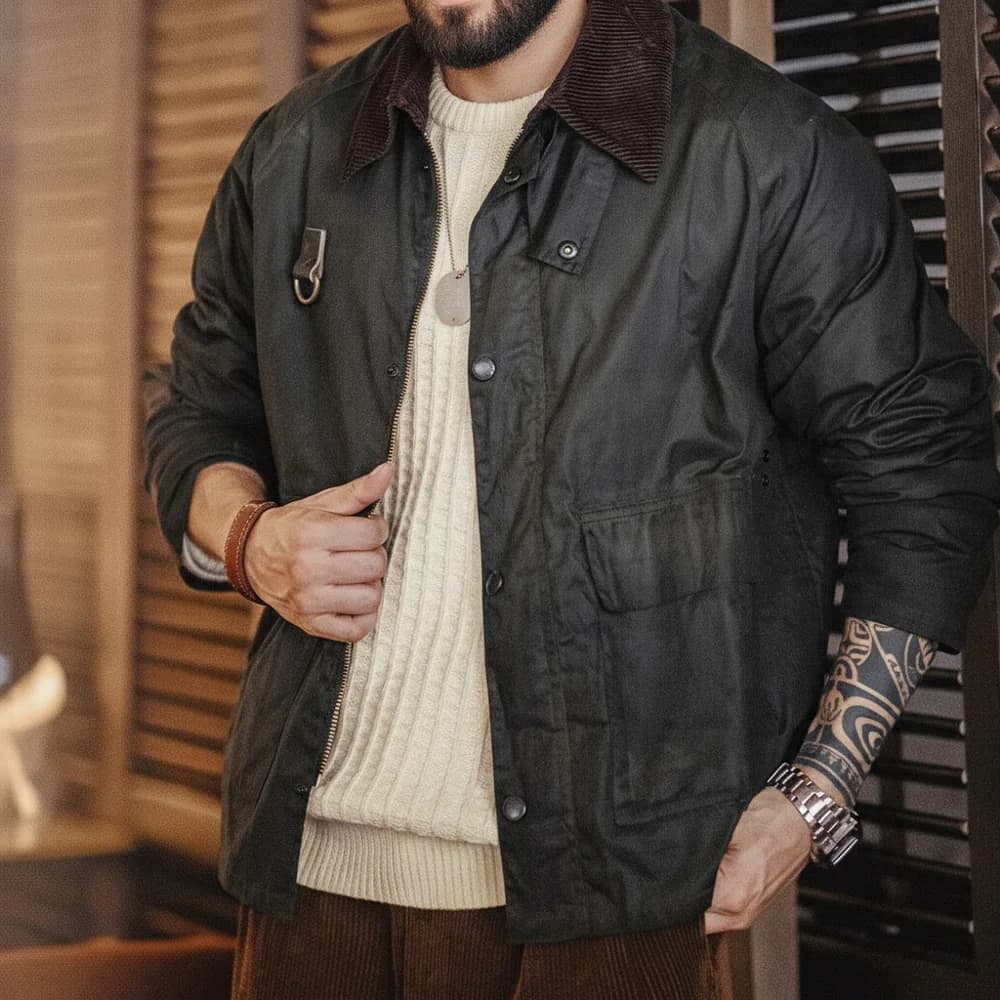 Veste de pêche vintage cirée Maden Spey col velours côtelé pour homme automne pêche traditionnelle