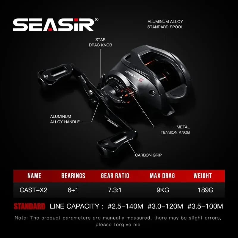 Moulinet baitcasting SEASIR Cast X2 7.3:1 - Roulements céramique hybride, frein N52 pour pêche sportive