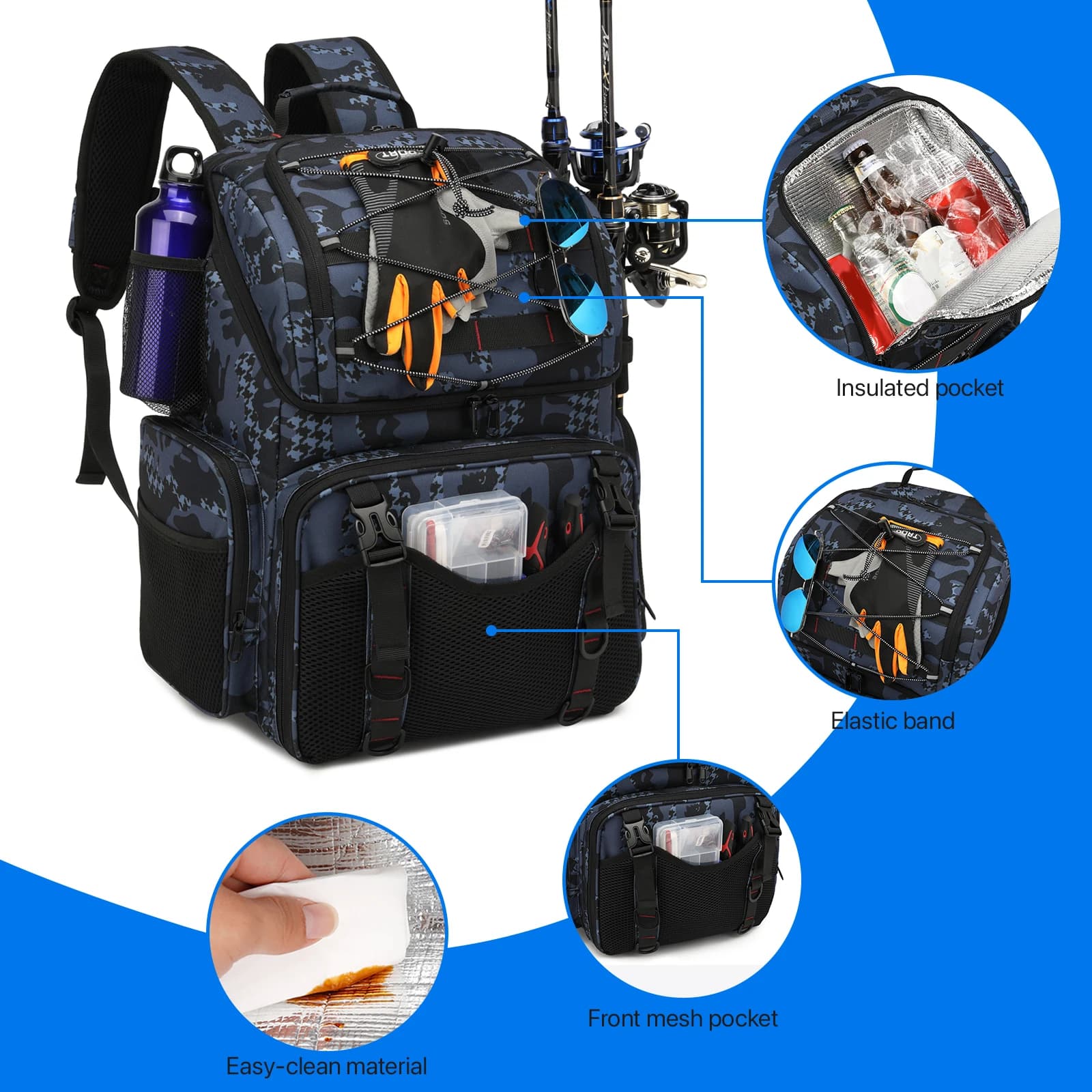 Sac à dos de pêche 45L avec glacière et porte-cannes - multifonction pour camping et randonnée