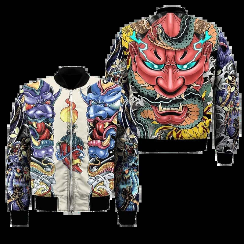 Bomber homme imprimé 3D masque samouraï Oni - Veste casual unisexe au design audacieux pour pêcheurs créatifs