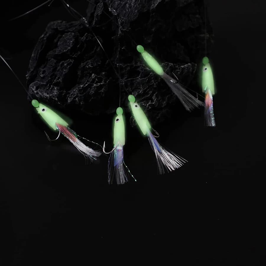 Lot de 10 montages sabiki mer avec peau de poisson réelle et effet luminescent pour pêche du maquereau