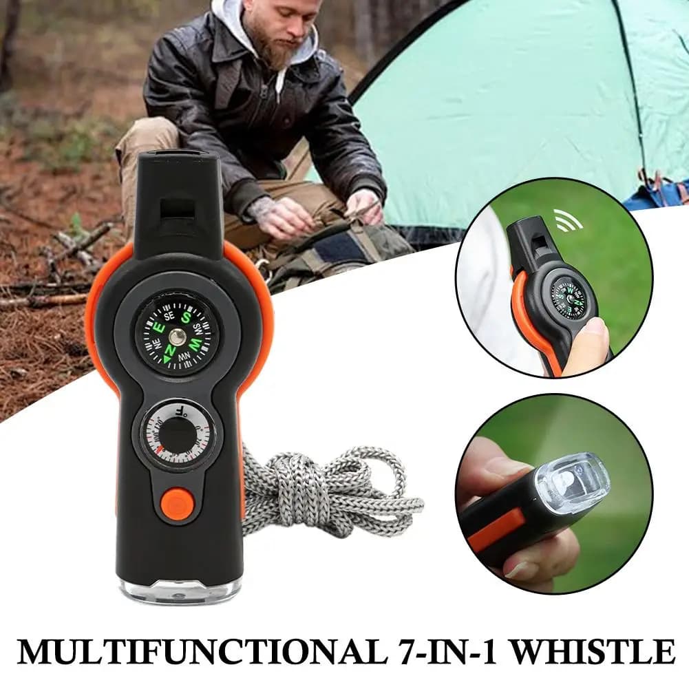 Sifflet survie multifonction 7-en-1 - Accessoire voyage avec LED et boussole pour pêche