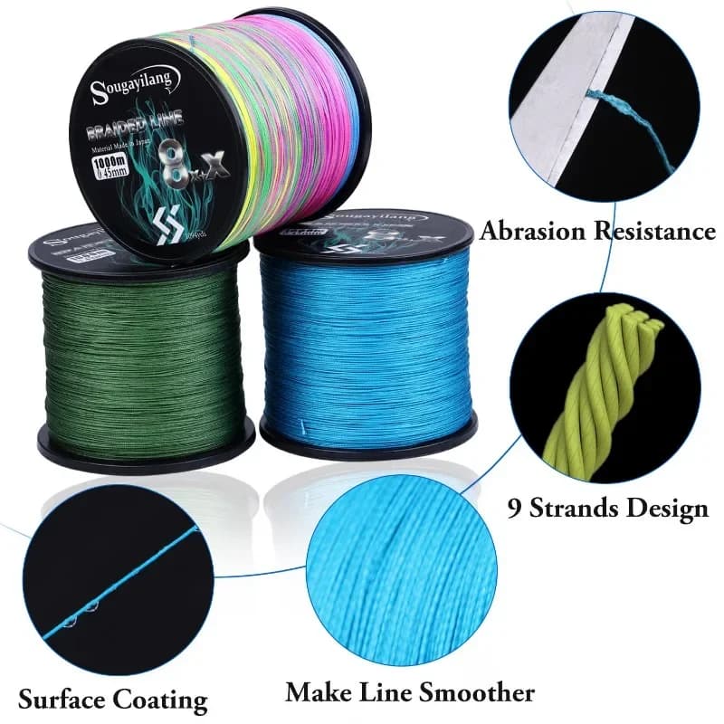 Ligne de pêche braidée Sougayilang 9 brins pour carpe, 300m 500m 1000m, multifilament haute résistance