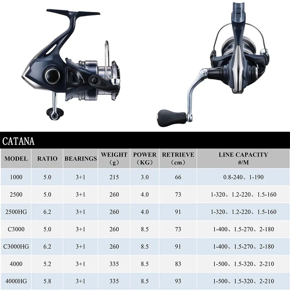 Moulinet Shimano Catana spinning avec corps G-Free et système Propulsion - 3+1BB bobine métal