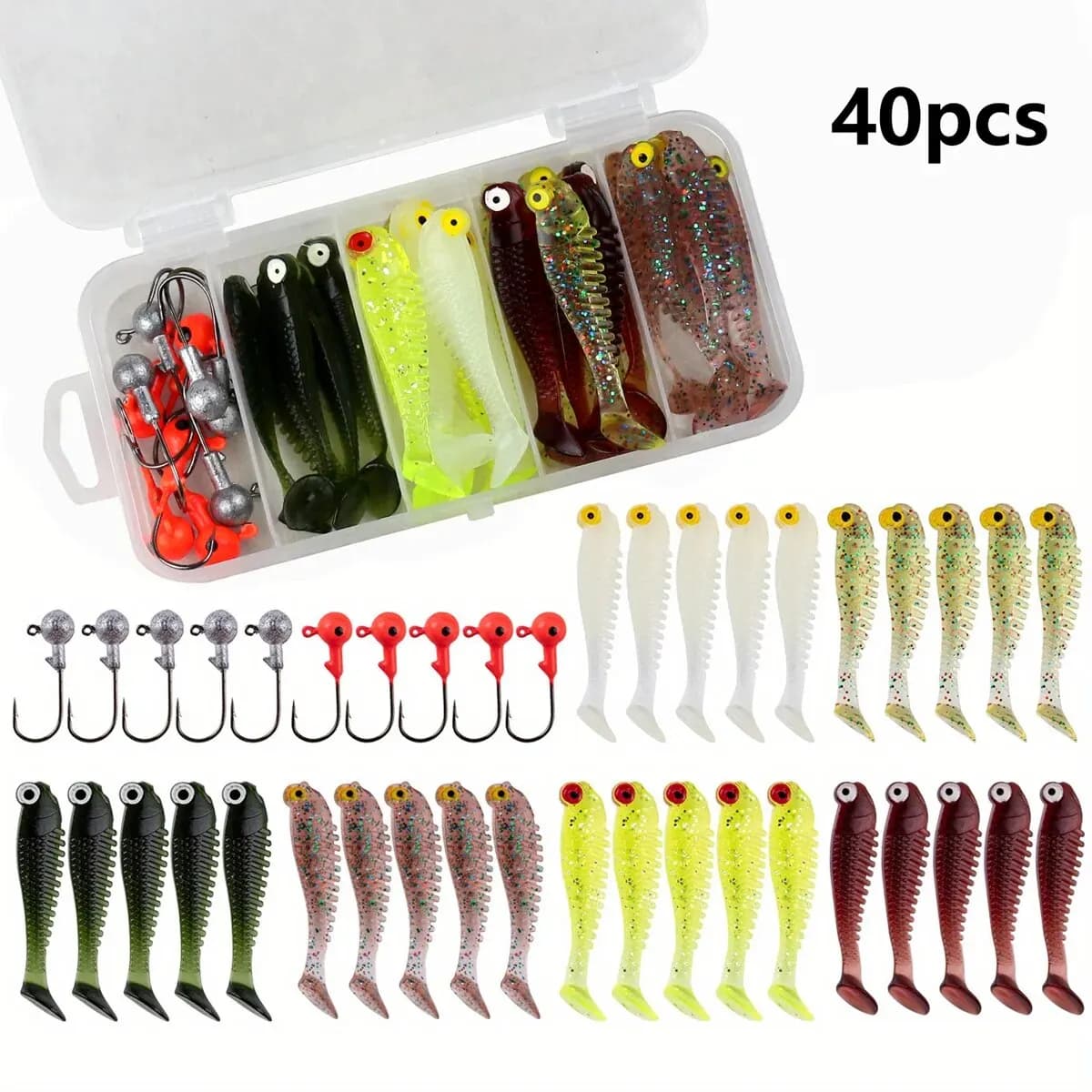 Kit 40 leurres souples 5cm avec têtes plombées - Boîte de pêche complète pour carnassiers
